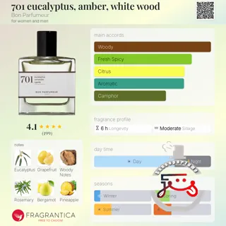 701 eucalyptus, amber, white wood Bon Parfumeur
